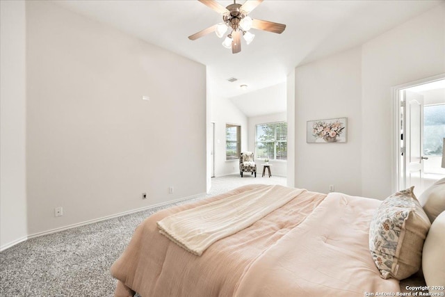 bedroom featuring visible vents, vaulted ceiling, ceiling fan, carpet floors, and baseboards