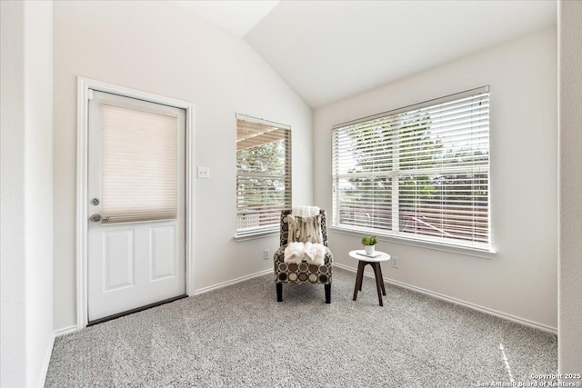 living area featuring carpet, baseboards, and lofted ceiling