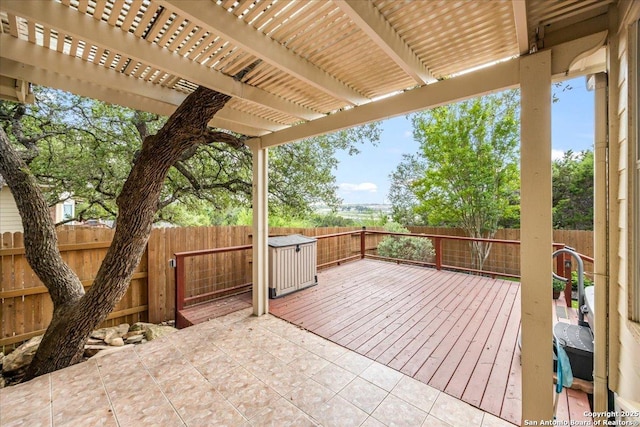 wooden terrace featuring a fenced backyard and a pergola