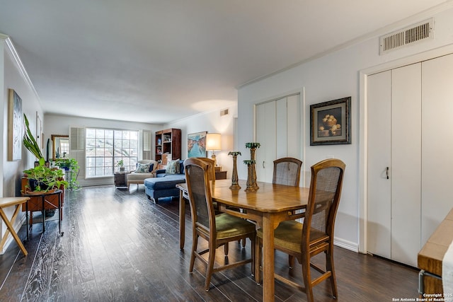 7500 Callaghan Rd Unit 172, San Antonio, TX 78229 - dining space with dark wood-style flooring, ornamental molding, and visible vents