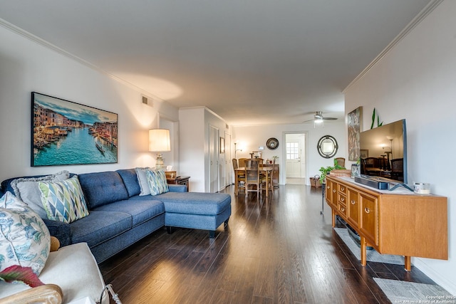 7500 Callaghan Rd Unit 172, San Antonio, TX 78229 - living room with ceiling fan, ornamental molding, visible vents, and dark wood-type flooring