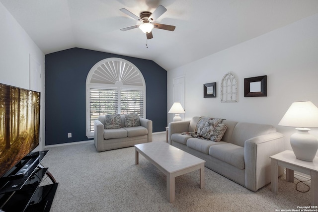 190 Da Vinci, San Antonio, TX 78258 - carpeted living area with a ceiling fan, vaulted ceiling, and baseboards