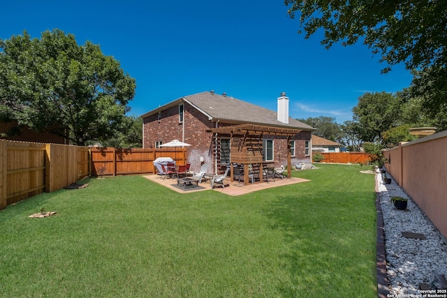 190 Da Vinci, San Antonio, TX 78258 - rear view of house with brick siding, a chimney, a patio, a pergola, and a fire pit
