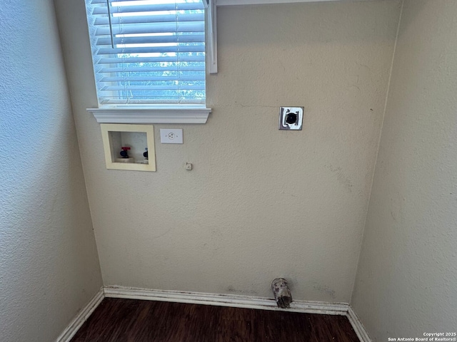 washroom with laundry area, hookup for an electric dryer, dark wood-style floors, washer hookup, and baseboards