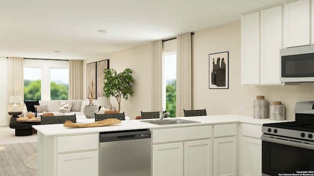 kitchen with white cabinetry, a peninsula, appliances with stainless steel finishes, and a sink