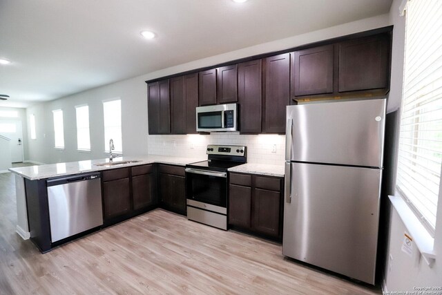 236/238 Joseph Cir, Cibolo, TX 78108 - kitchen featuring light wood finished floors, a sink, dark brown cabinetry, appliances with stainless steel finishes, and decorative backsplash