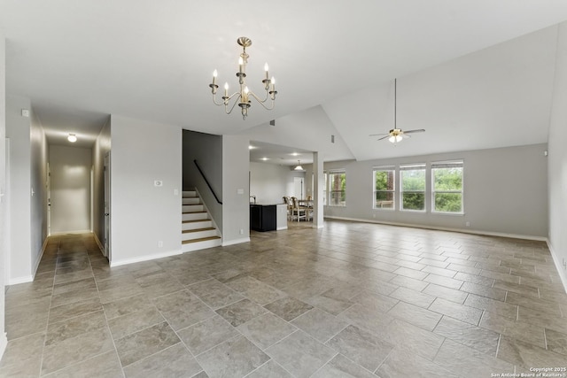 14626 Costa Leon, San Antonio, TX 78245 - unfurnished living room with baseboards, stairway, ceiling fan with notable chandelier, and vaulted ceiling