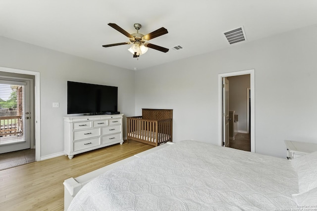 14626 Costa Leon, San Antonio, TX 78245 - bedroom featuring ceiling fan, light wood finished floors, access to outside, and visible vents