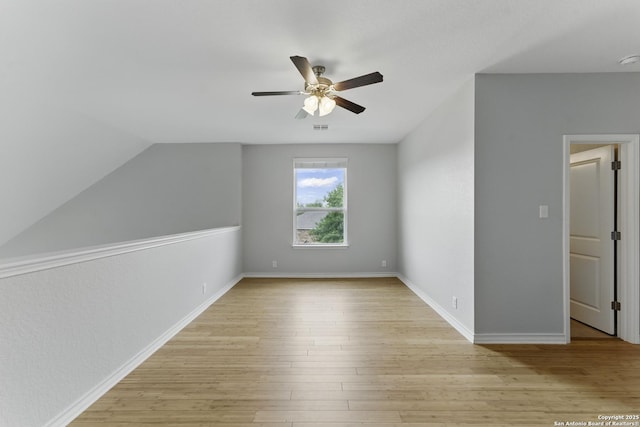 14626 Costa Leon, San Antonio, TX 78245 - additional living space with a ceiling fan, lofted ceiling, light wood-style flooring, baseboards, and visible vents