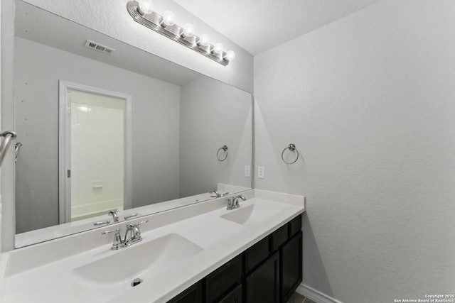 14626 Costa Leon, San Antonio, TX 78245 - full bath with double vanity, visible vents, baseboards, and a sink