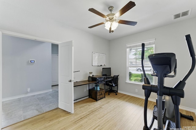14626 Costa Leon, San Antonio, TX 78245 - home office with visible vents, wood finished floors, baseboards, and ceiling fan