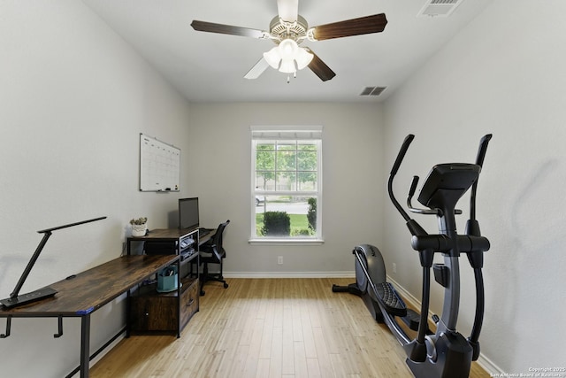 14626 Costa Leon, San Antonio, TX 78245 - home office with light wood-type flooring, ceiling fan, baseboards, and visible vents