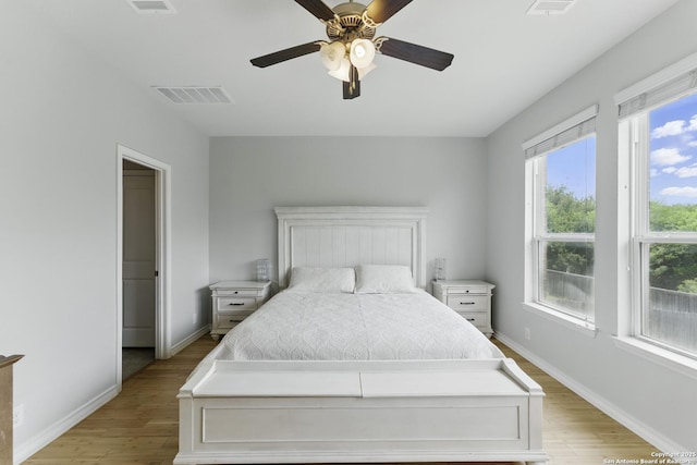 14626 Costa Leon, San Antonio, TX 78245 - bedroom featuring light wood finished floors, visible vents, baseboards, and ceiling fan