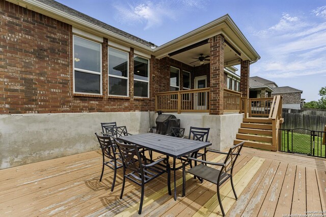 14626 Costa Leon, San Antonio, TX 78245 - wooden deck featuring ceiling fan, stairway, fence, and outdoor dining space