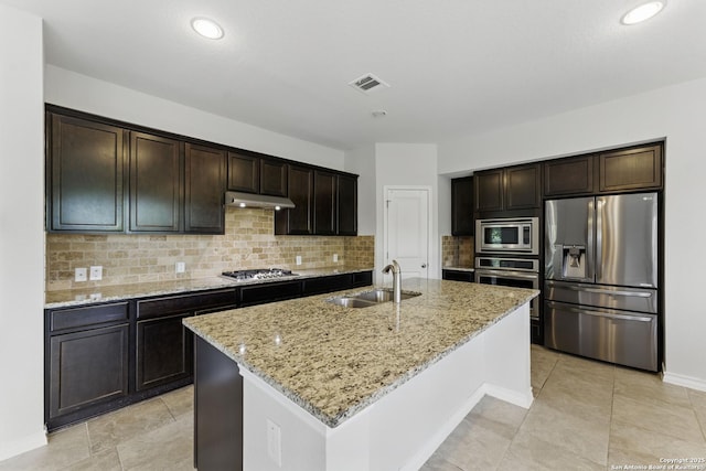 14626 Costa Leon, San Antonio, TX 78245 - kitchen with a sink, visible vents, backsplash, appliances with stainless steel finishes, and light stone counters