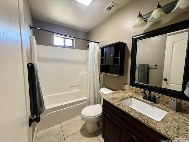 bathroom featuring toilet, visible vents, shower / bath combination with curtain, tile patterned floors, and vanity