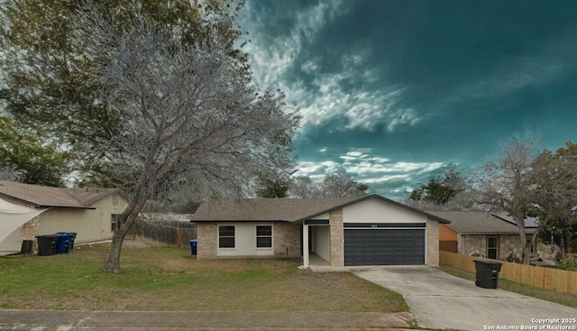 ranch-style house with a garage, driveway, and brick siding