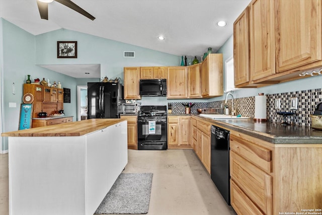 kitchen with a sink, wood counters, black appliances, visible vents, and light brown cabinetry
