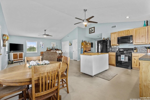 kitchen featuring finished concrete floors, black appliances, visible vents, a ceiling fan, and light brown cabinets