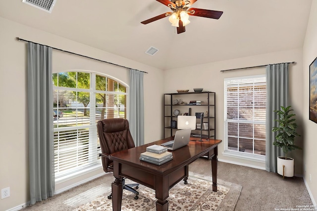 20437 Wild Spgs, San Antonio, TX 78258 - home office with visible vents, baseboards, a ceiling fan, and light carpet