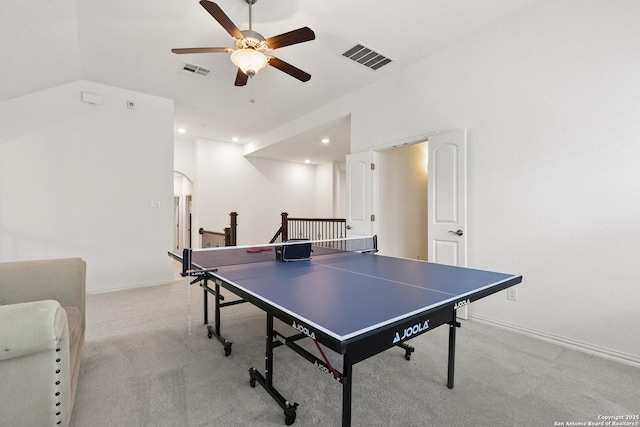 game room with a ceiling fan, light carpet, vaulted ceiling, recessed lighting, and baseboards