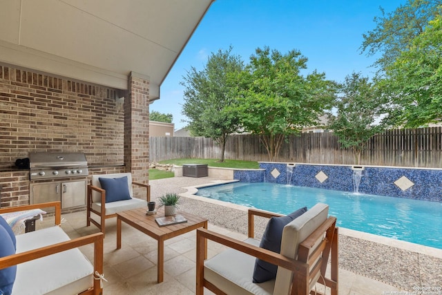 view of swimming pool featuring grilling area, a fenced backyard, an outdoor hangout area, and a patio area