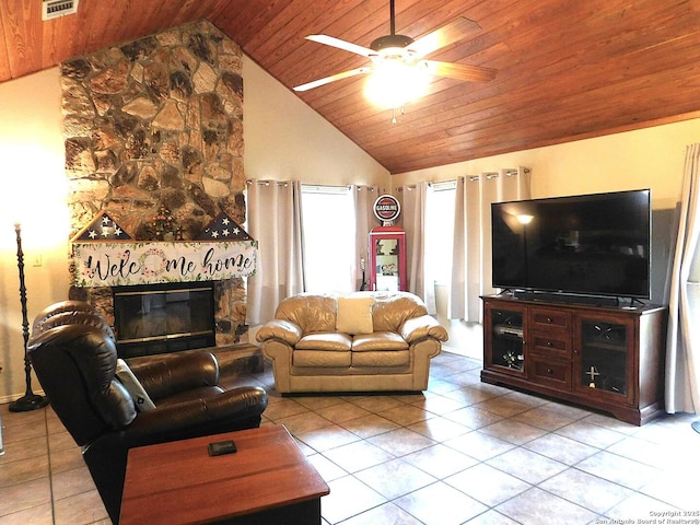 525 Cherry Rdg, Floresville, TX 78114 - living room featuring wood ceiling, tile patterned flooring, a ceiling fan, a fireplace, and high vaulted ceiling