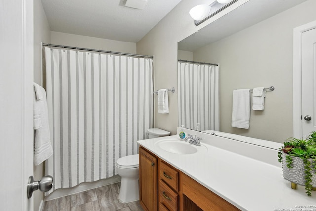 bathroom featuring toilet, vanity, and a shower with curtain