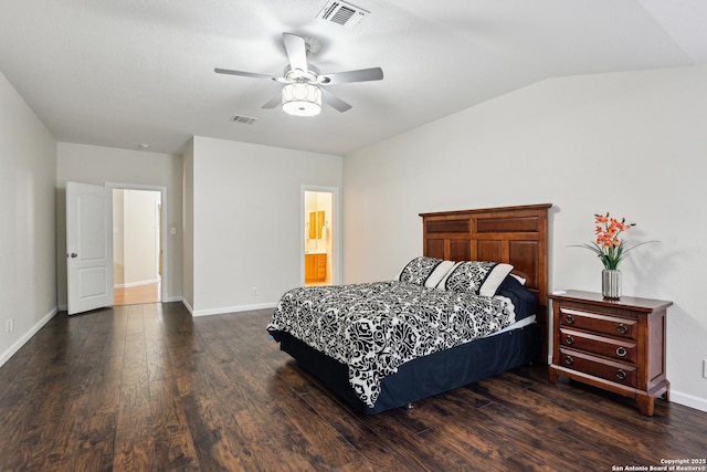 bedroom featuring dark wood-type flooring, baseboards, a ceiling fan, and lofted ceiling