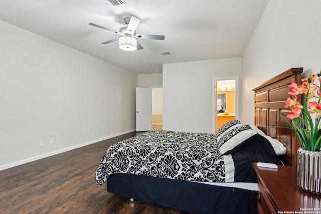 bedroom with wood finished floors, baseboards, a ceiling fan, and connected bathroom