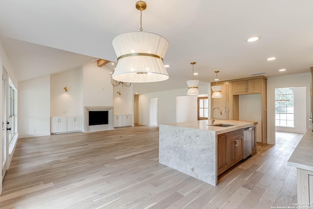 7335 Scintilla Ln, Boerne, TX 78015 - kitchen featuring a sink, dishwasher, light wood-style floors, an island with sink, and vaulted ceiling