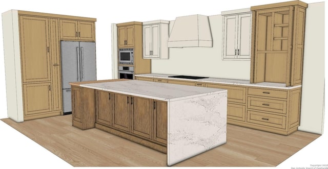7335 Scintilla Ln, Boerne, TX 78015 - kitchen with appliances with stainless steel finishes, premium range hood, a center island, light wood-style flooring, and light stone countertops