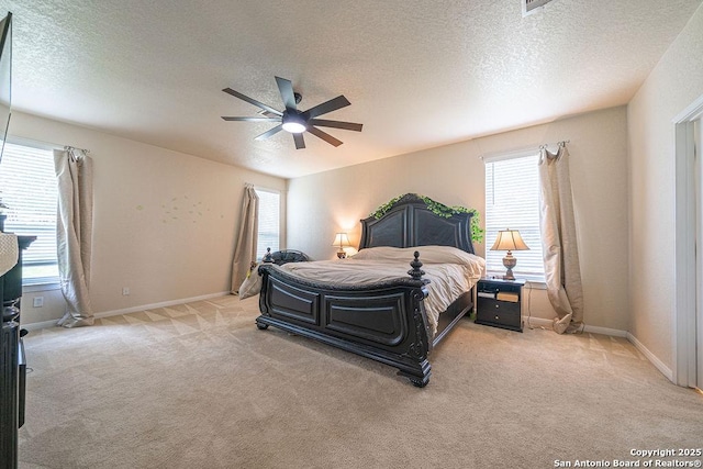 bedroom featuring multiple windows, a textured ceiling, light carpet, and baseboards