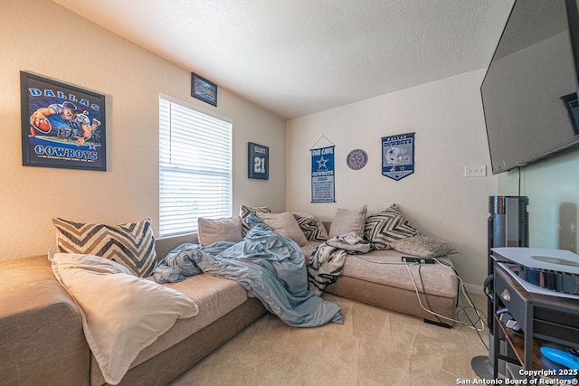 bedroom featuring carpet floors and a textured wall