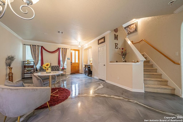 living room featuring stairs, crown molding, baseboards, and a textured ceiling