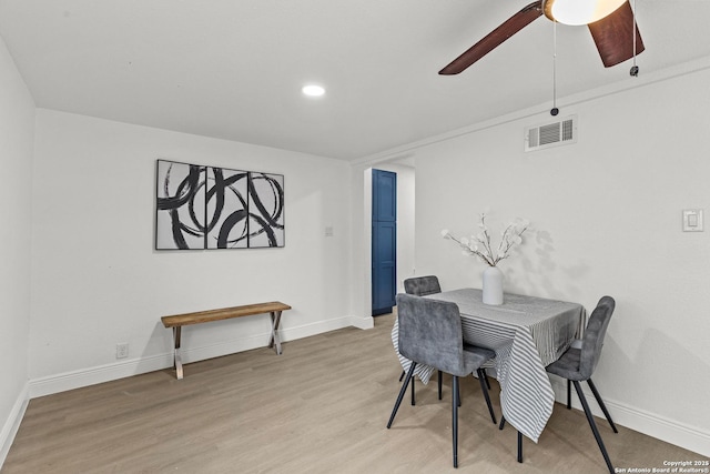 3327 K, San Antonio, TX 78220 - dining space with light wood-type flooring, baseboards, a ceiling fan, and recessed lighting