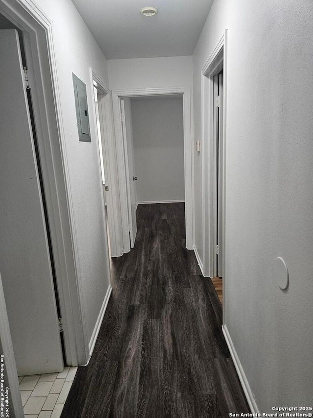 hall featuring electric panel, wood finished floors, and baseboards