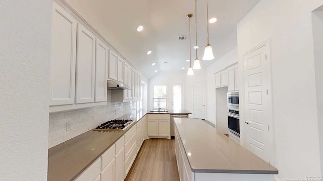 1818 Nettletree, New Braunfels, TX 78132 - kitchen with appliances with stainless steel finishes, backsplash, recessed lighting, under cabinet range hood, and light wood finished floors