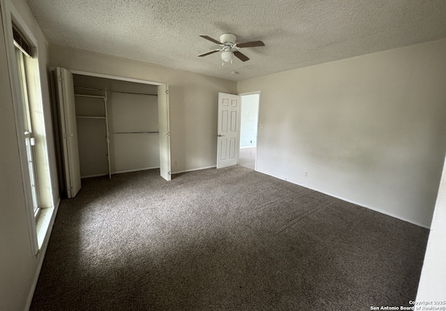 6614 Shady Lk, San Antonio, TX 78244 - unfurnished bedroom with carpet floors, a closet, a textured ceiling, baseboards, and ceiling fan