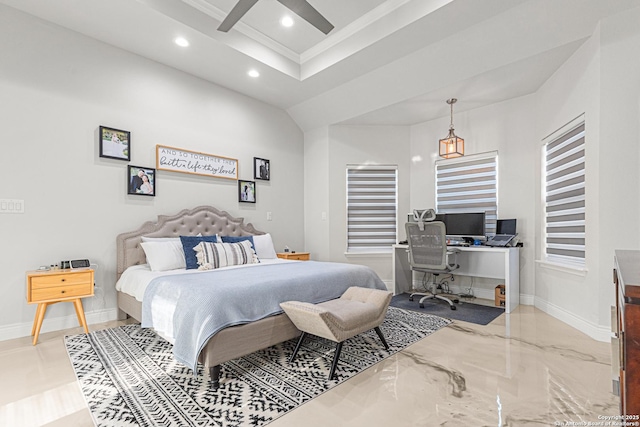 397 County Road 367, Hondo, TX 78861 - bedroom featuring recessed lighting, marble tiled flooring, an office area, baseboards, and crown molding