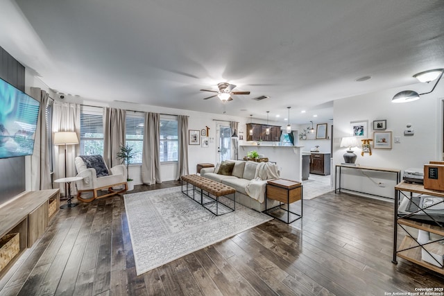 living area featuring a ceiling fan and hardwood / wood-style floors