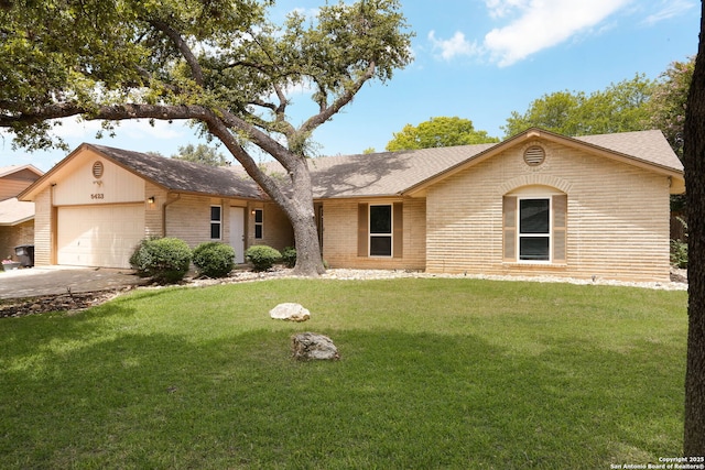 5423 Princess Diane, San Antonio, TX 78229 - single story home with brick siding, an attached garage, a front lawn, and a shingled roof