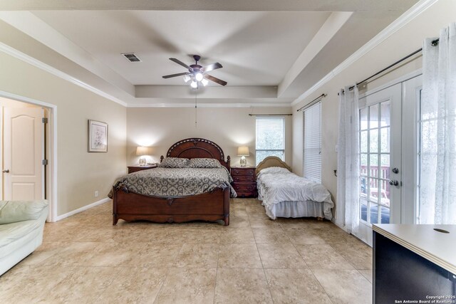 22319 Chimayo, San Antonio, TX 78258 - bedroom with a raised ceiling, baseboards, access to outside, ceiling fan, and ornamental molding