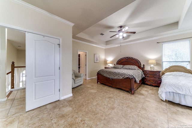 22319 Chimayo, San Antonio, TX 78258 - bedroom with a raised ceiling, crown molding, baseboards, a ceiling fan, and light tile patterned flooring