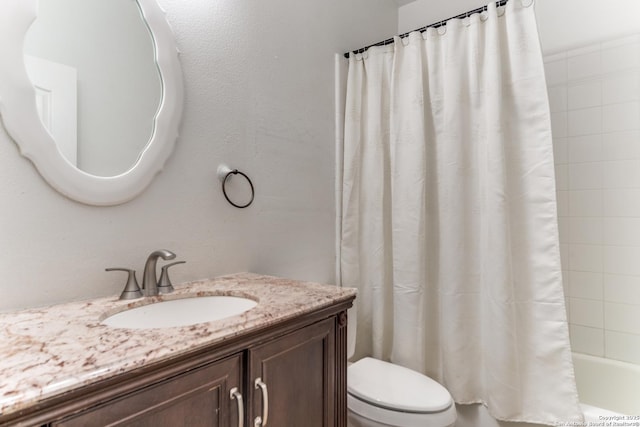 22319 Chimayo, San Antonio, TX 78258 - full bathroom featuring toilet, vanity, and shower / bathtub combination with curtain