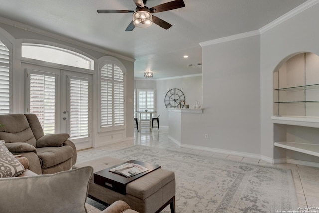 27 Sherborne Wood, San Antonio, TX 78218 - living area featuring tile patterned flooring, ornamental molding, ceiling fan, built in features, and recessed lighting