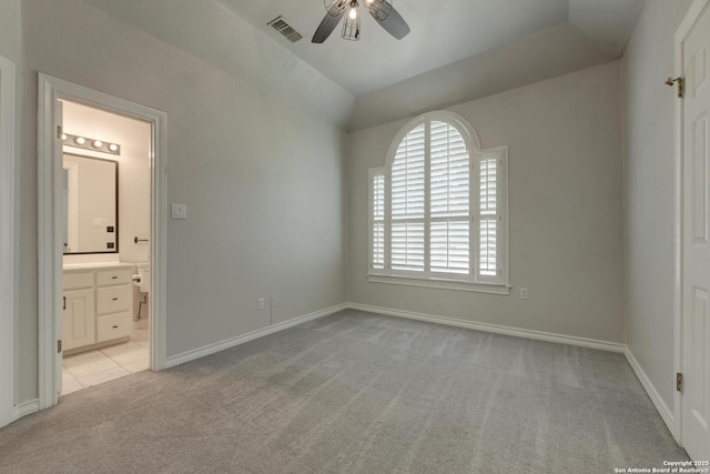 27 Sherborne Wood, San Antonio, TX 78218 - unfurnished bedroom featuring light colored carpet, connected bathroom, baseboards, and ceiling fan
