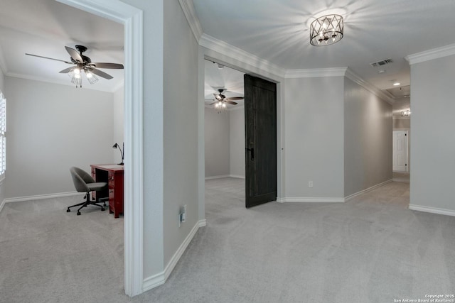 27 Sherborne Wood, San Antonio, TX 78218 - hall with attic access, carpet, ornamental molding, a desk, and baseboards