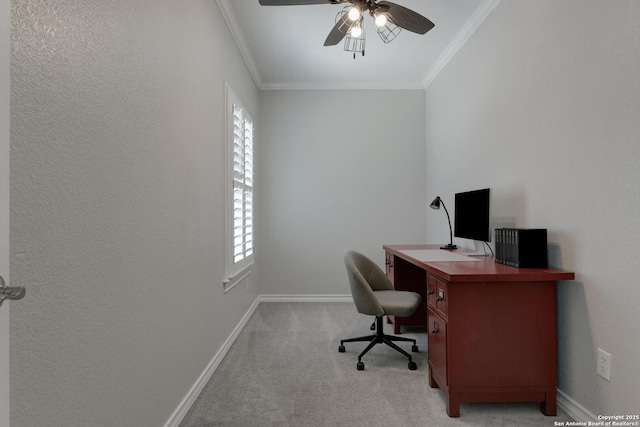 27 Sherborne Wood, San Antonio, TX 78218 - office space with light carpet, crown molding, a ceiling fan, and baseboards