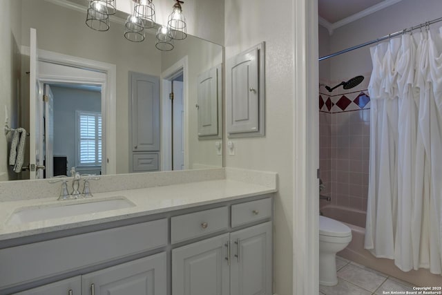 27 Sherborne Wood, San Antonio, TX 78218 - bathroom with crown molding, vanity, tile patterned flooring, toilet, and shower / bath combination with curtain